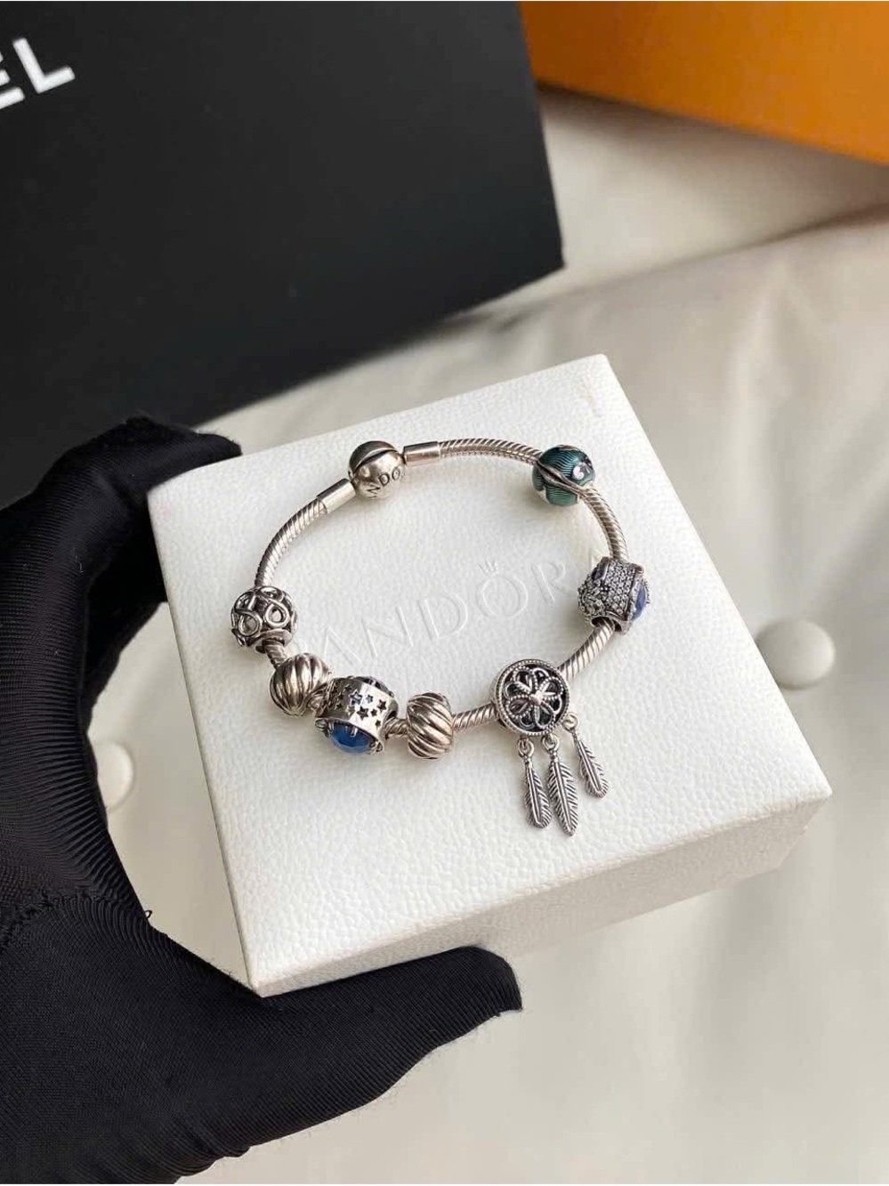 Pandora Silver Charm Bracelet with Blue and Teal Accents